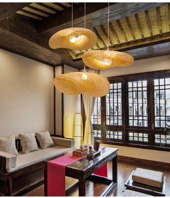 Bamboo Rattan Chandelier Pendant Light hand weaving Rustic style with Adjustable Height for indoor using