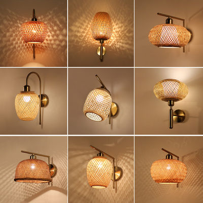 Handmade Rattan Wall Lights , 3500K Wicker Rattan Lamp Switch Control