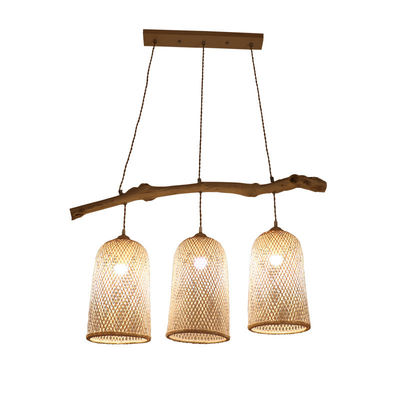Three Heads Rattan Pendant Light , Restaurant Bamboo Woven Lamp 3500K