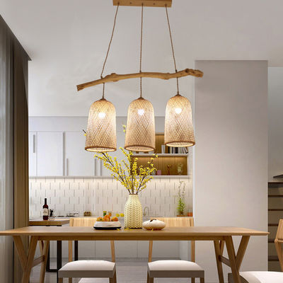 Three Heads Rattan Pendant Light , Restaurant Bamboo Woven Lamp 3500K