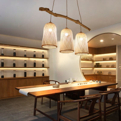 Three Heads Rattan Pendant Light , Restaurant Bamboo Woven Lamp 3500K