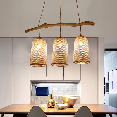 Three Heads Rattan Pendant Light , Restaurant Bamboo Woven Lamp 3500K
