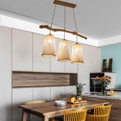 Three Heads Rattan Pendant Light , Restaurant Bamboo Woven Lamp 3500K