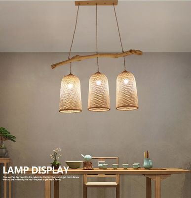 Three Heads Rattan Pendant Light , Restaurant Bamboo Woven Lamp 3500K