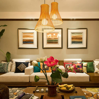 Customized Rattan Pendant Light , Nordic Woven Bamboo Lamp For Indoor Lighting