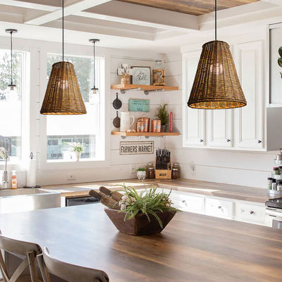 Modern Round Rattan Pendant Light , Rattan Ceiling Light Shade 65lm/W OEM