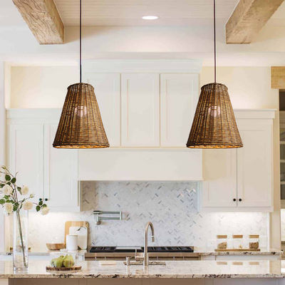 Modern Round Rattan Pendant Light , Rattan Ceiling Light Shade 65lm/W OEM
