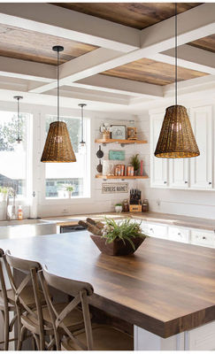 Modern Round Rattan Pendant Light , Rattan Ceiling Light Shade 65lm/W OEM