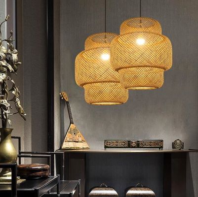 3500K Round Bamboo Weaving LED Pendant Light , Round Rattan Light OEM ODM
