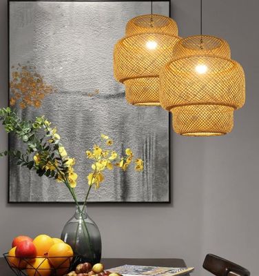 3500K Round Bamboo Weaving LED Pendant Light , Round Rattan Light OEM ODM