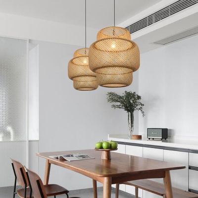 3500K Round Bamboo Weaving LED Pendant Light , Round Rattan Light OEM ODM